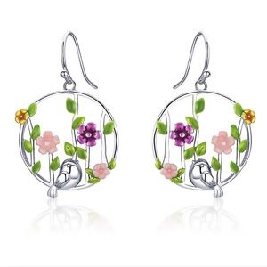 925 Silver Bird Flower Garden Hook Drop Earrings